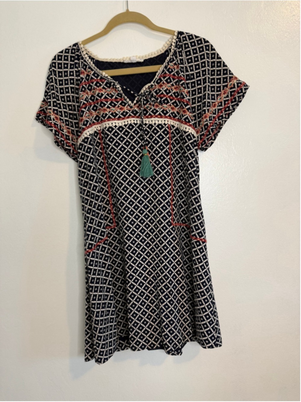 THML boho Mini Dress Size M Black White Geometric Print Tassel